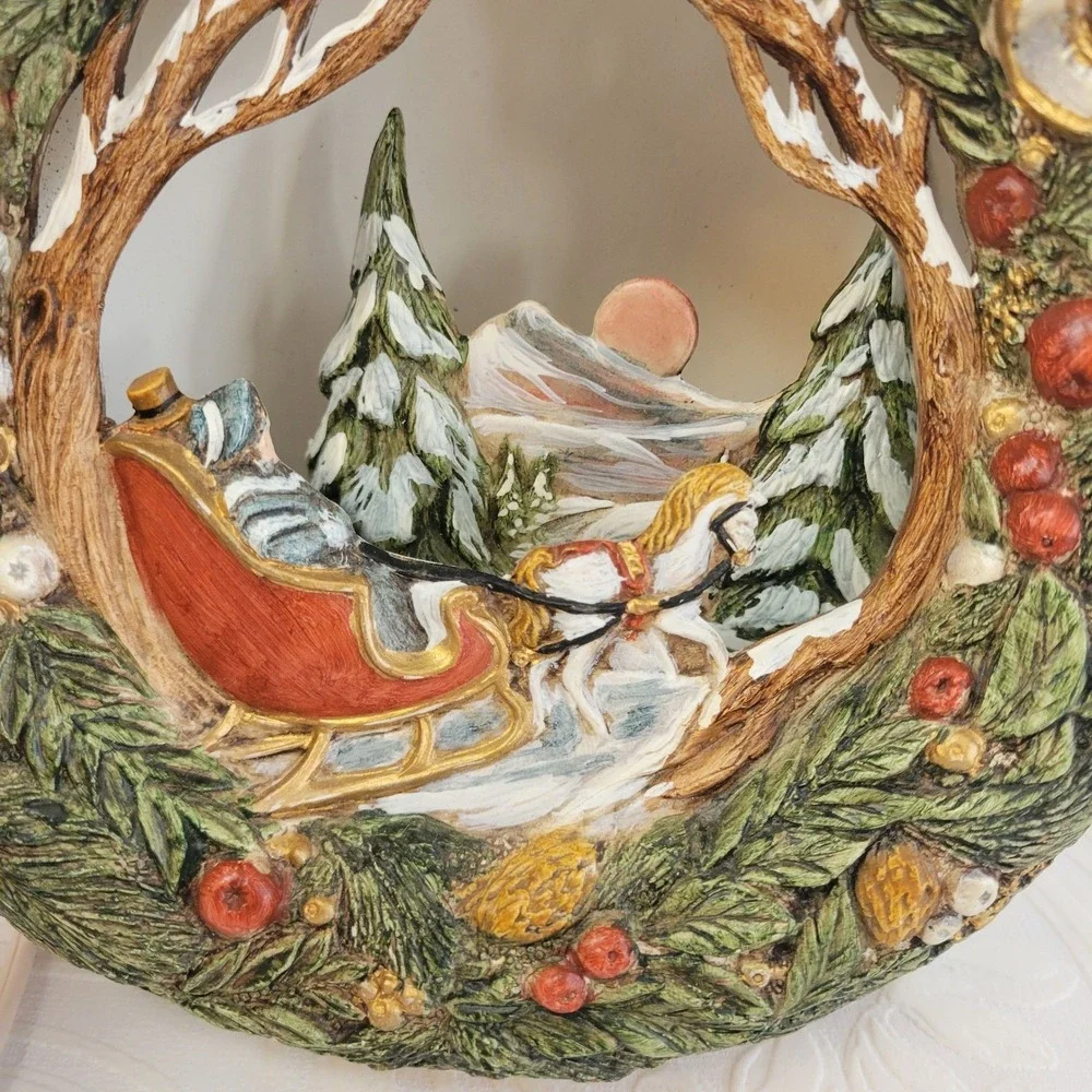 Vintage Lighted Christmas Wreath Scene Resin Holiday Decor Plug‎ In 7.5W Works